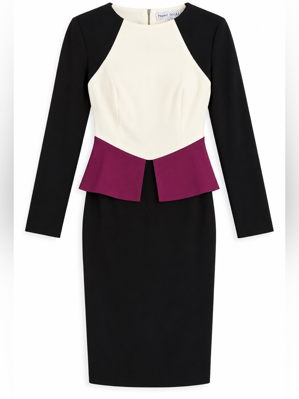 Paper Dolls Colorblock Peplum Bodycon Pencil Dress Black Ivory Purple Size 8